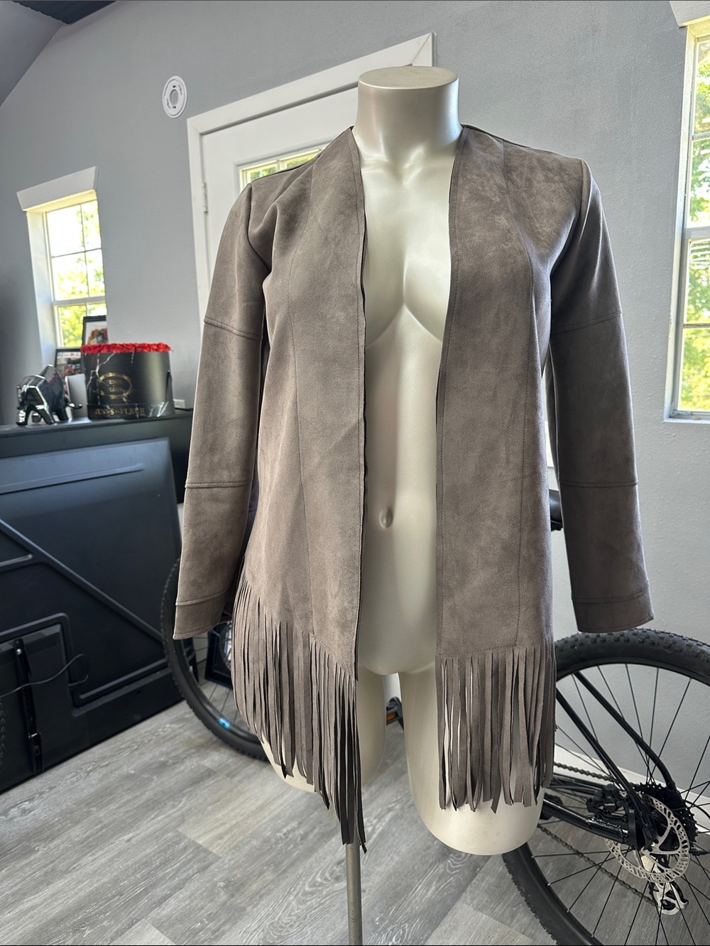 Suede Fringe Open-Front Jacket - Taupe Womens XL NWT New Soft
